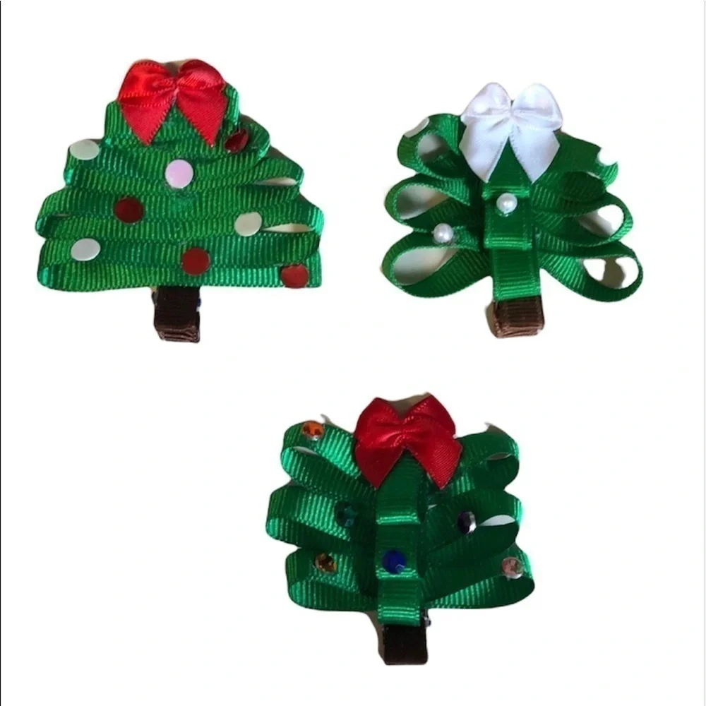 2/$15 3 Christmas Tree Barrettes | Green & Red Holiday Hair Clips | Girls